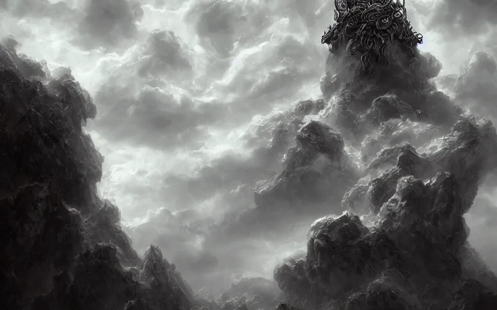 Prompt: portrait of demigod throne clouds, face made out of clouds, dramatic, intricate, elegant, detailed, digital painting, artstation, concept art, smooth, sharp focus, illustration, cinematic, gustave dore, octane render