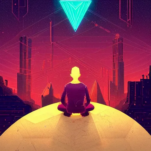 Prompt: Stunningly intricate illustration of a cyberpunk explorer meditating next to a floating triangular glowing monolith, highly detailed, midnight, by Victo Ngai and James Gilleard , Moebius, Laurie Greasley file:///Volumes/1TB_WD/photoshop/bing%20character%20related%20stuff/bing%20-%20logo%20character%20-%20pixelated/BING_COMMISSION%20NO%20BG.png