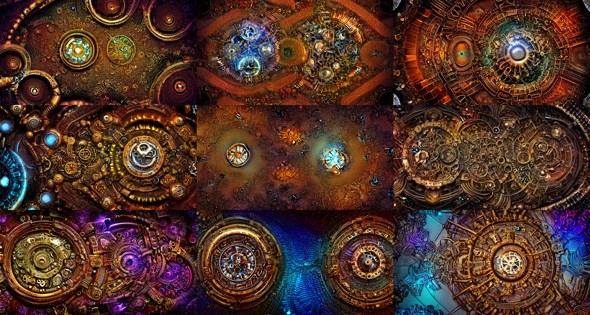 Prompt: Extreme close up of intricate Retrowave Steampunk mandelbulb fractal, with strong bokeh effect and narrow depth of field, made of clockwork and gem tones and filigree platinum, ultra detailed, fractal art, cgsociety