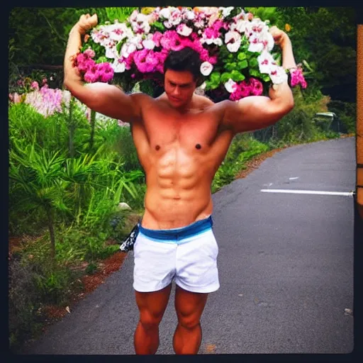 Image similar to “ buff guy by flowers ”