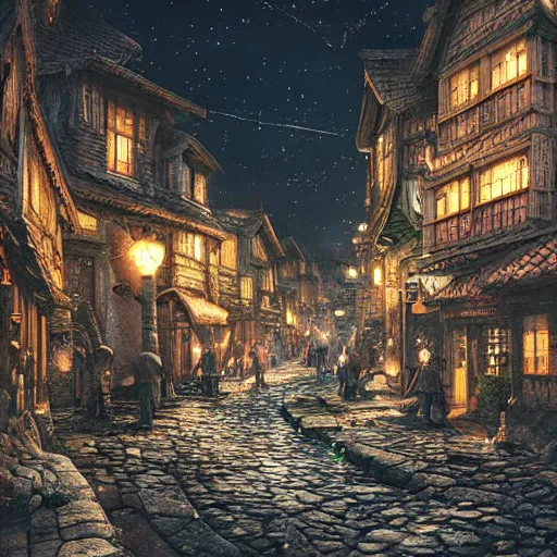 Image similar to ultra realistic illustration and highly detailed digital render of a intricate busy street inside a ancient 1 5 th century stone village, by greg rutkowski and makoto shinkai, nighttime, dark sky, twinkly stars, amazing sky, migrating birds in the sky, colorful street lamps along road, natural stone road, asian style vendorsf