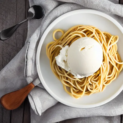 Image similar to single scoop of vanilla ice cream on top of a plate of steaming spaghetti, high resolution photograph, picnic at sunset