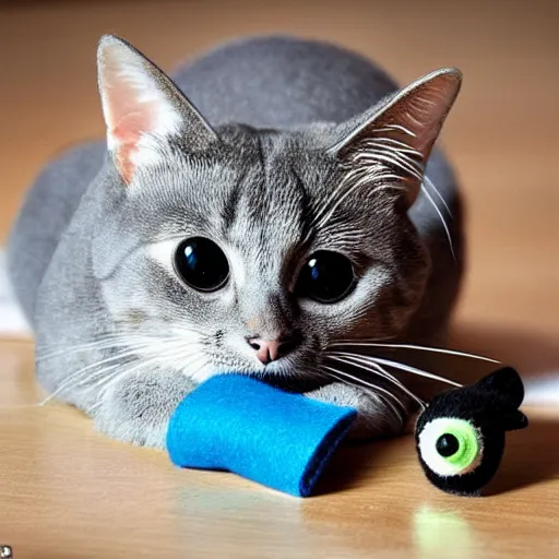 Prompt: a cute cat made of felt and linnin with googly eyes is sneaking up on a mouse made out of a sock, in a kids room on saturday morning