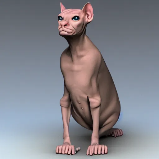 Image similar to Sphynx cat standing like a man, with pectoral muscles, wearing a fabric jacket, long tattoos on her hands, 3d render