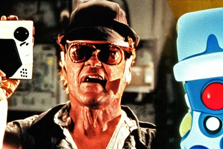 Prompt: Jack Nicholson as Terminator is playing Pokemon on gameboy