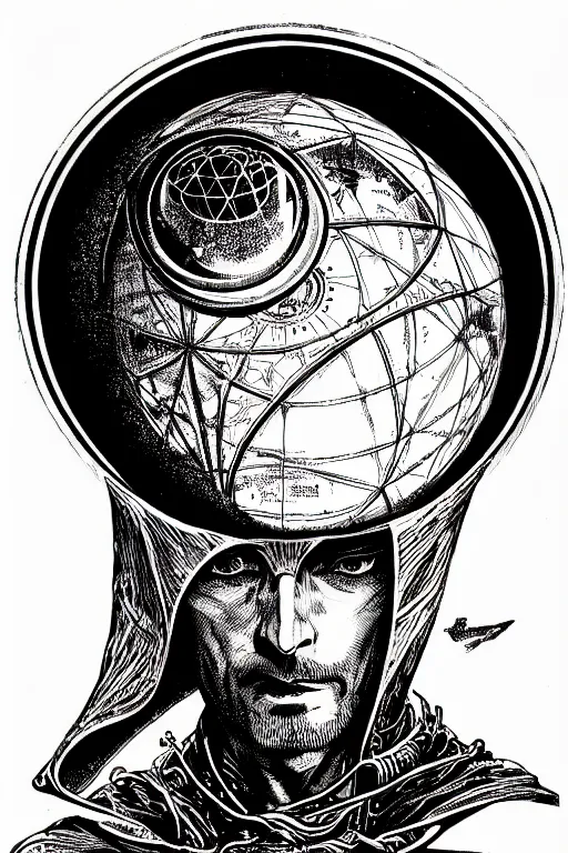 Image similar to cloaked steampunk wizard looking into a crystal ball, high details, intricately detailed, by vincent di fate, inking, 3 color screen print, masterpiece, trending on artstation,, sharp, details, hyper - detailed, hd, 4 k, 8 k