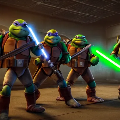Prompt: still photo of teenage mutant ninja turtles and star wars, highly detailed, photorealistic portrait, bright studio setting, studio lighting, crisp quality and light reflections, unreal engine 5 quality render