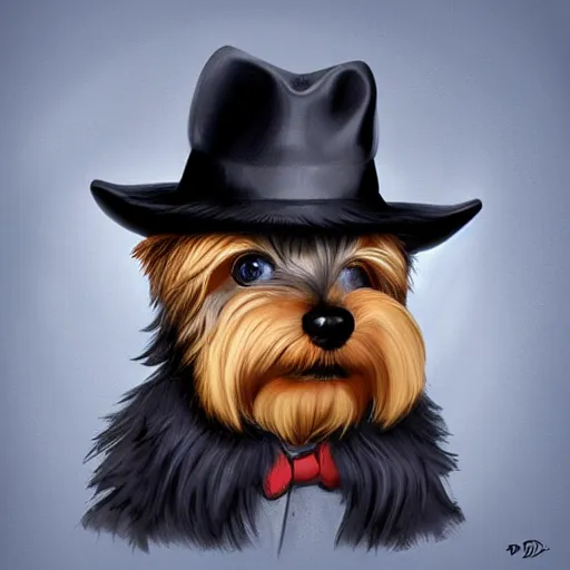 Prompt: detective yorkshire terrier wearing a fedora, disney eyes, in a dark alley, by D&D Concept Artists