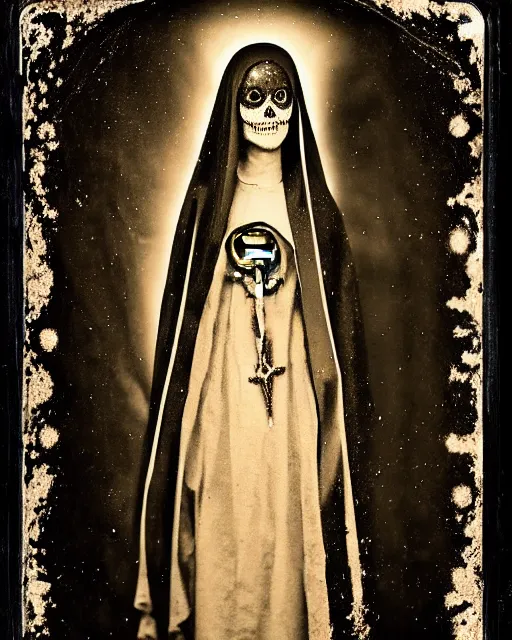 Prompt: tintype virgin mary in dia de muertos dress and makeup high quality photo, microchip, artificial intelligence, bio - mechanical bio - luminescence, black wired cables, neurons, nerve cells, cinematic, rim light, photo - realistic, high detail, 8 k, masterpiece, high fashion, in the style of steven meisel dora maar h. r. giger