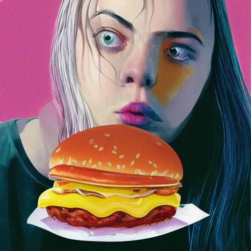 Prompt: portrait of billie eilish biting a giant hamburger eating a big mac hamburger with extra ketchup and mustard lettuce and tomato, divine feminine ethereal light, concept art, hyper realism, illustration, digital art, artstation style frames character design,