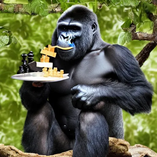 Image similar to A gorilla playing chess while eating pudding in a tree, On the television show Baywatch