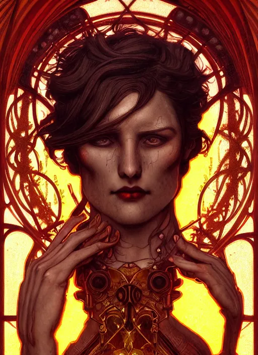 Image similar to the god hephaestus, ash hair, glowing eyes, volumetric lights, yellow and red scheme, art nouveau botanicals, gothic, intricate, highly detailed, digital painting, artstation, concept art, smooth, sharp focus, symmetric face, illustration, steampunk, art by artgerm and greg rutkowski and alphonse mucha