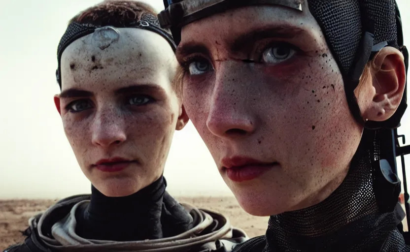 Prompt: cinestill 5 0 d candid photographic portrait by helen levitt of two loving female androids wearing rugged black mesh techwear on a desolate plain, extreme closeup, modern cyberpunk moody emotional cinematic, dust storm, 8 k, hd, high resolution, 3 5 mm, f / 3 2, ultra realistic faces, ex machina