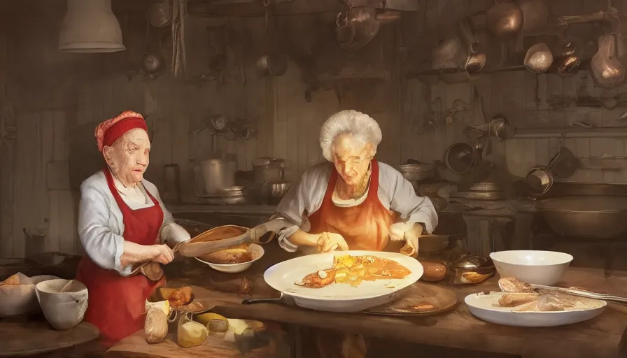 Prompt: old eastern lady cooking in her old 1 8 0 0's kitchen, pan and plates, hyperdetailed, artstation, cgsociety, 8 k