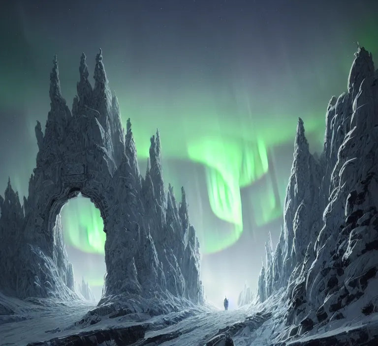 Prompt: a very detailed concept art of intricate and well designed white gates to epic mountains, infused with aurora borealis by greg rutkowski, dynamic lighting trending on artstation, symmetry, digital art, 4 k, hyper realistic, octane render, sharp focus