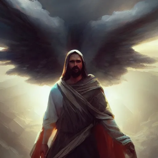 Image similar to the son of god is coming In the clouds with his angels , artstation, Greg rutkowski, cinematic, digital Art