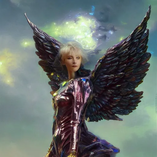 Image similar to UHD hyperrealistic photorealisitc, detailed cosmic Angel robot, with real wings, by Greg Rutkowski and Amano, tonalism, rich deep colors masterpiece