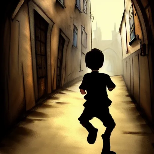 Prompt: man running down medieval alleyway with boy running behind, deviantart, artstation,