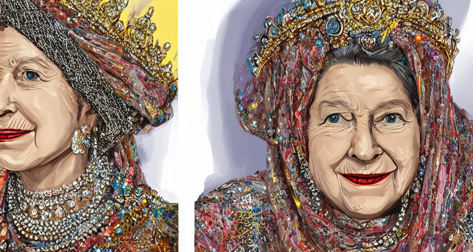 Image similar to the queen wearing a bakini, 4k, photorealistic, hyper detailed