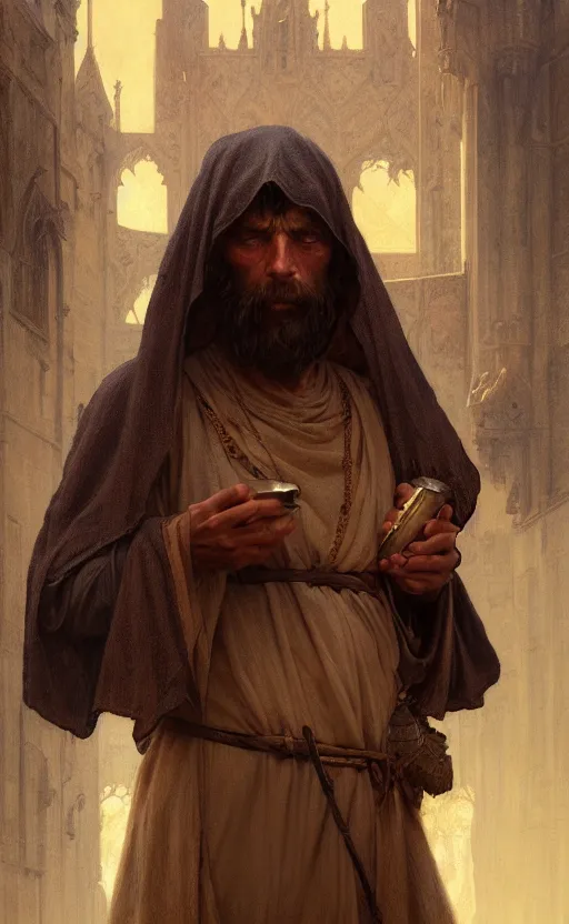 Image similar to a portrait of a medieval beggar, concept art, deep focus, intricate, highly detailed, digital painting, artstation, matte, sharp focus, illustration, art by greg rutkowski and alphonse mucha