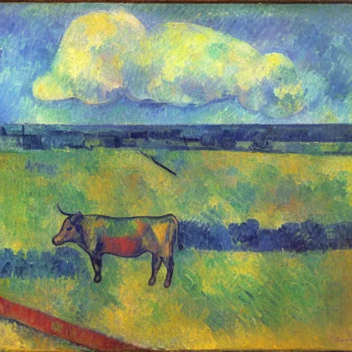 Prompt: a cow is running in the cloud, post - impressionism, cezanne, gaugin, van gogh, seurat, aerial view