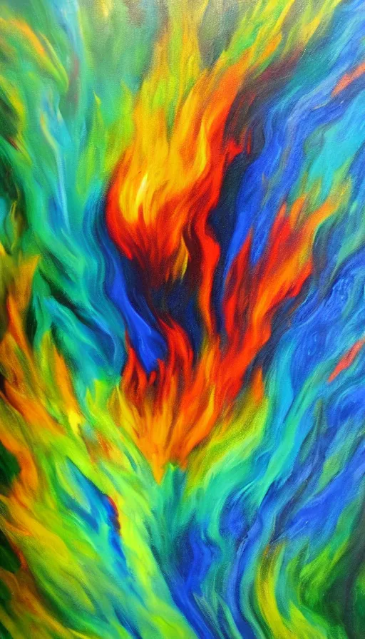 Prompt: oil painting of fire and water mixing together