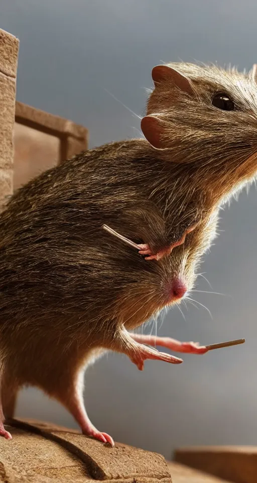 Prompt: close - up selfie shot of dwarf fat - tailed jerboa with rusty broken building constructions of a giant staircase for multiple cases, leading to the sky, the ruins, in the steppe, autumn field, misty background, from the game pathologic 2, highly detailed, sharp focus, matte painting, by isaac levitan and asher brown durand,