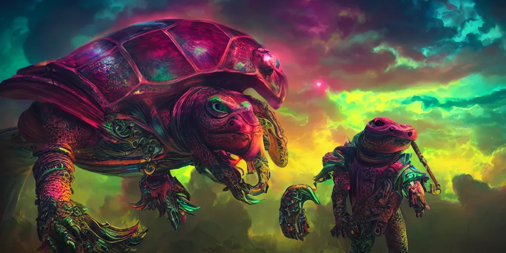 Prompt: anthropomorphic turtle warrior, [ palate ] [ vibrant gothic colors ], vibrant neon nebulous clouds, radiant light rays, photorealistic painting, intricate and fine details, volumetric lighting, artstation, octane render, unreal engine