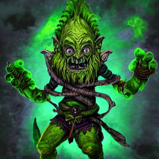 Image similar to a photo of a shaman goblin in the style of Warhammer, green skin goblin in front of fractals, fractal background