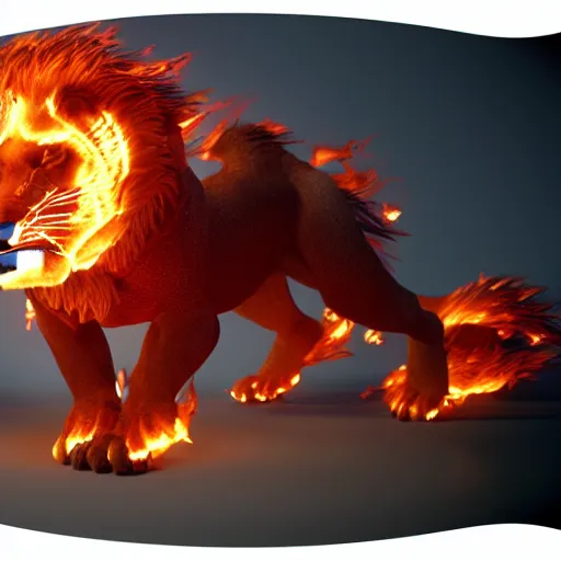 Image similar to fire lion, flaming, detail, unreal engine, cinematic