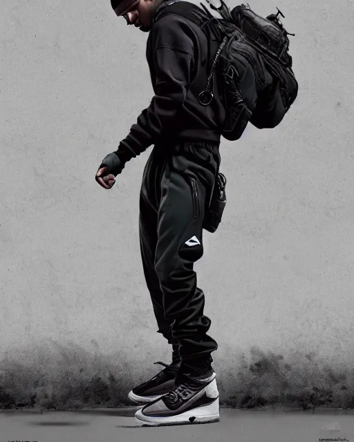 Image similar to Medium shot of a character wearing Nike ACG+Acronym P31-DS Pants in the style of greg rutkowski