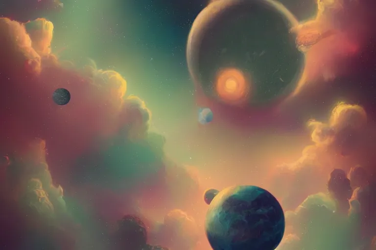 Prompt: retro science fiction outer space planet muted colors bycharlie bowater