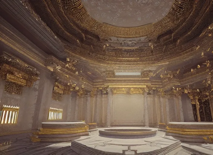 Image similar to “grand ancient heavenly palace, golden white material, insanely mystical, hyper realistic, extremely detailed, concept art, trending on artstatoon, atmospheric, 8k, octane render, unreal engine”