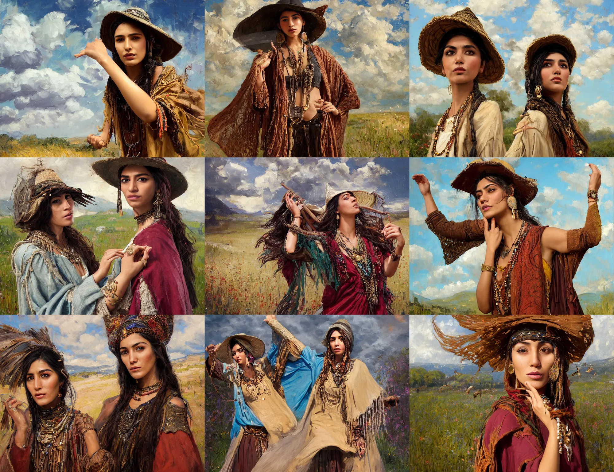 Prompt: portrait of medieval farmer fashionable young iranian asian woman with wooden jewelry, frantic dancing pose, mediterranean features, wearing rich jewerly and hat and boho poncho, shaman witch, fantasy character close up portrait, low view, thunder clouds in the sky, artwork by Jeremy Lipkin and Giuseppe Dangelico Pino and Michael Garmash and rob rey, levitation, industrial rusty pipes, simple form, brutal shapes
