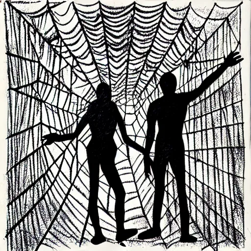 Image similar to a drawing of two people standing in front of a spider web, a surrealist painting by david wojnarowicz, behance contest winner, psychedelic art, chalk art, dystopian art, academic art