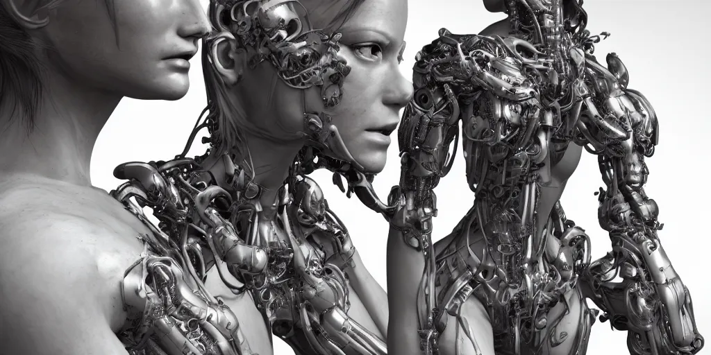 Prompt: photorealistic gorgeous female cyborg, holding intimately, highly detailed, intricate detailing, torso, neck, knees, in the style of, beth cavener, jin kagetsu, wlop, masterpiece, concept art, highkey lighting, ambient lighting, octane render, 8 k, artstation
