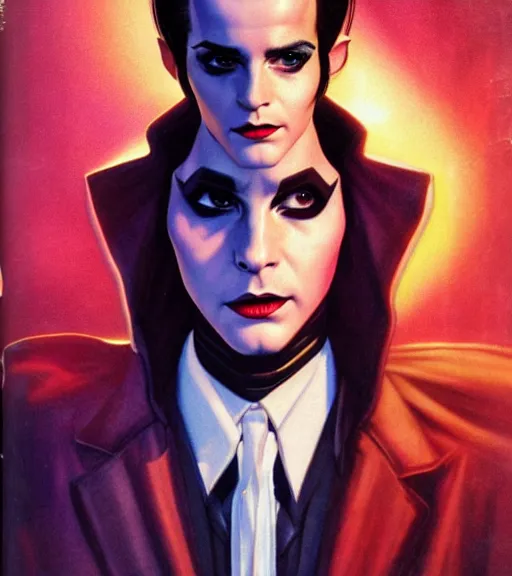 Prompt: a cyberpunk very ugly mafia boss in a suit with slicked back black hair played by emma watson as an elf, 1 9 7 9 omni magazine cover, style by vincent di fate, artgerm, very coherent, detailed, 4 k resolution, bright, unreal engine, daz