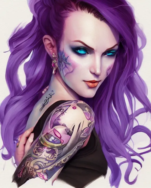 Image similar to beautiful female purple hair tattoo symmetrical face eyes twitch streamer full length fantasy art viper valorant Video game icon, 2d game art gta5 cover , official fanart behance hd artstation by Jesper Ejsing, by RHADS, Makoto Shinkai and Lois van baarle, ilya kuvshinov, rossdraws