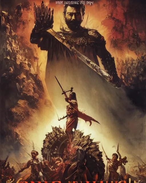 Prompt: Movie poster of The Ranking of Kings, Highly Detailed, A master piece of storytelling, wide angle, cinematic shot, Battle, highly detailed, cinematic lighting, by frank frazetta + ilya repin , 8k, hd, high resolution print