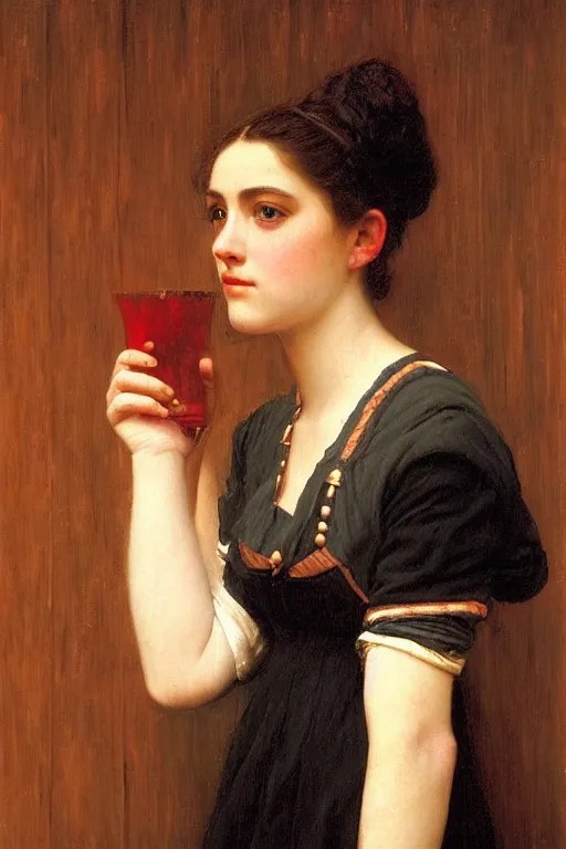 Prompt: John William Godward and Solomon Joseph Solomon and Richard Schmid and Jeremy Lipking victorian genre painting full length portrait painting of a young beautiful woman traditional german french barmaid in fantasy costume, red background