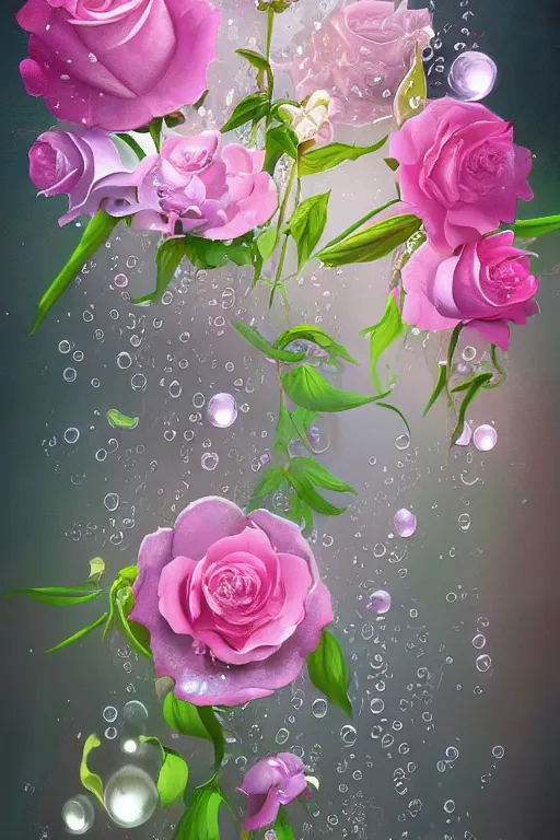 Prompt: beautiful digital matter cinematic painting of whimsical botanical illustration of roses and lilies on bubbles and rain, whimsical scene bygreg rutkowki artstation