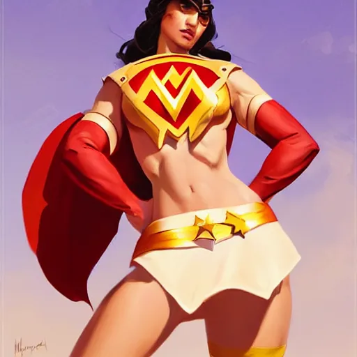 Image similar to greg manchess portrait painting of wonderwoman as overwatch character, medium shot, asymmetrical, profile picture, organic painting, sunny day, matte painting, bold shapes, hard edges, street art, trending on artstation, by huang guangjian and gil elvgren and sachin teng