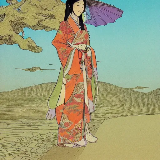 Image similar to a young asian woman with traditional robes walking on the sand in the desert, flowers on her head, fantastic castles in the distance, japanese art, illustration in the style of moebius, miyazaki, alphone mucha,