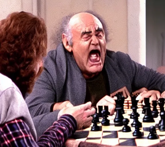 Image similar to gowron screaming angrily at the man he is playing chess with, extremely detailed, 4 k, high quality,