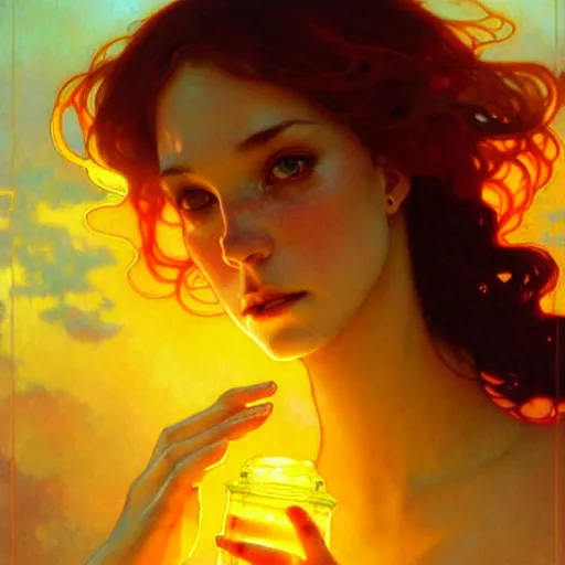 Image similar to glossy liquid honey drops flowing like translucent amber, backlit, sunset, refracted lighting, art by collier, albert aublet, krenz cushart, artem demura, alphonse mucha