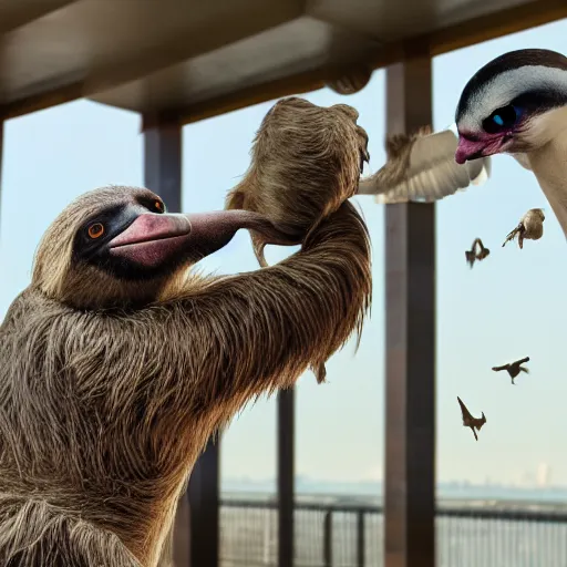 Image similar to sloth fighting a pigeon, aggressive sloth fighting a muscled pigeon, best photo award, high quality 8 k, cinematic lighting