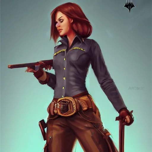 Image similar to full body, female cowgirl, perfect face, long rifle, 8 k, magic the gathering, d & d, artstation