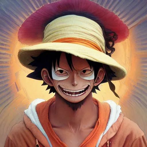 Image similar to highly detailed vfx portrait of monkey d. luffy, stephen bliss, greg rutkowski, loish, rhads, beeple, makoto shinkai, tom bagshaw, alphonse mucha, global illumination, sharp focus, art by artgerm and greg rutkowski, stanley kubrick, best of behance, cinematic lighting