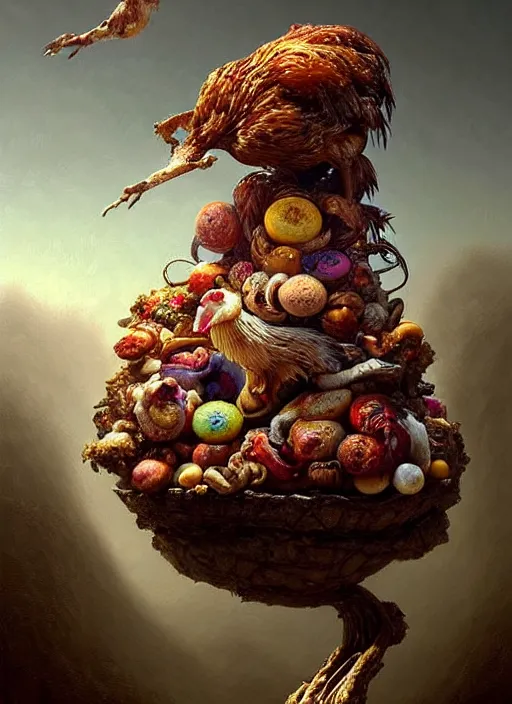 Image similar to a hyper - detailed 3 d render like a oil painting of the 🐔🍧🍼🍄🗿👤🎨, surrealism!!!!! surreal concept art, lifelike, photorealistic, digital painting, aesthetic, smooth, sharp focus, artstation hd, by greg rutkowski, chris tulloch mccabe, valentina remenar and asher duran,