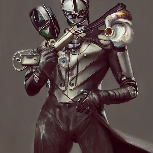 Image similar to !dream a realistic painting by Raffaello Sanzi depicting the Kamen Rider Faiz with the head of the symbiotic Riot in the Renaissance with steampunk parts,smooth,Sharp focus, trending on Artstation.